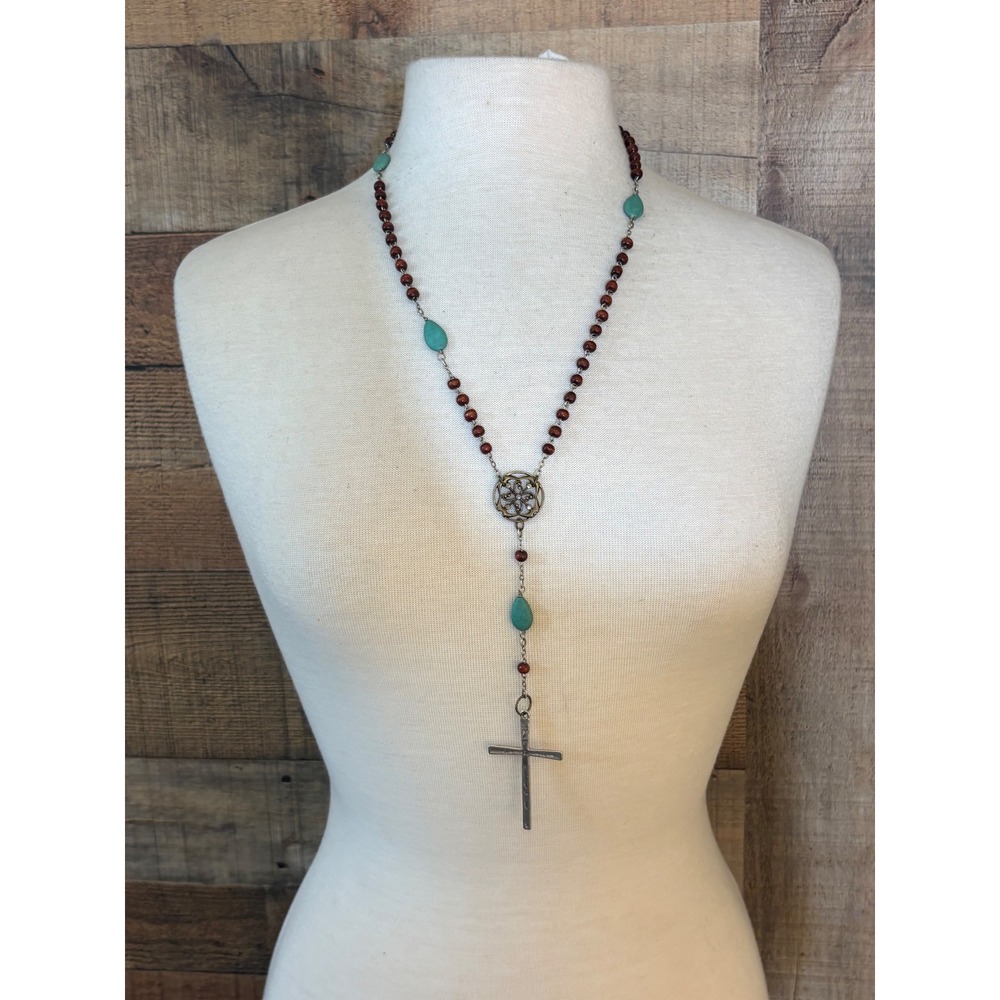 Handmade Wood Bead Turquoise Stone Rosary Cross Necklace Silver Bronze Boho